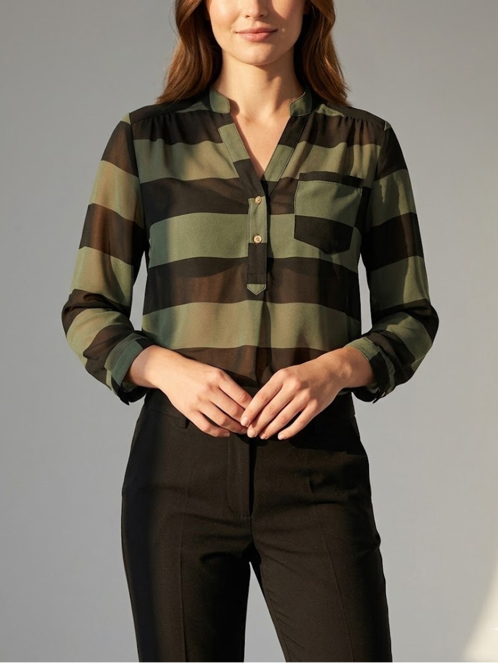 Boutique Wishful Park Green & Black Sheer Striped Blouse Size Small